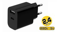 Cargador universal 1xUSB-A, 1xUSB-C 2.4A 12W Negro