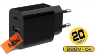 AB 8641 : Cargador universal 1x USB-A QC 3.0, 1x USB-C PD 3.4A 20W (Negro)