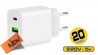 AB 8642 : Cargador universal 1x USB-A QC 3.0, 1x USB-C PD 3.4A 20W (Blanco)
