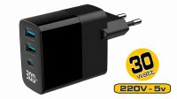 Cargador universal GaN 2xUSB-A QC3.0 1xUSB-C PD 3A 30W LCD Negro