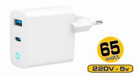 Cargador universal GaN 1xUSB-A QC 3.0 1xUSB-C PD 3.24A 65W LED Blanco