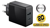 Carregador universal 110-240V 1xUSB 5V/2A, 1xUSB-C PD/3A preto