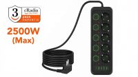 Régua cRadia 5 tomadas schuko com interrruptores individuais, 4x USB-A, 1XUSB-C 5m.
