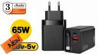 Carregador rápido cRadia de 65W GaN cabo retrátil-C, 1xUSB-A(18W), 1xC (65W) preto