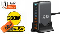 Carregador rápido cRadia 320W GaN3  4xUSB-C(Max100W) 4xUSB-A (Max18W) preto