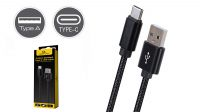 Cabo USB 2.0 Tipo A Macho - C Macho preto revestido algodão 1.8m