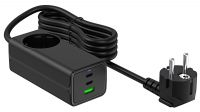 Transformador USB 240V 1xUSB-A+2xUSB-C 30-65W x AC Socket Preto 1.5m