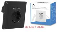 Espelho p/ embutir em cx superficie c/ficha Schuko + 2 x usb 2.1A  Negro