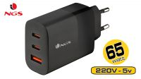 Carregador parede USB QC 3.0   65W  2 x USB-C +1 x USB-A preto