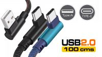 Cable USB-C - USB 2.0 M/M angulados 90º nylon (Max 2A) Azul 1m