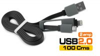 Cable plano de datos y carga USB 2 em 1 iPhone/micro USB metal Negro 1m