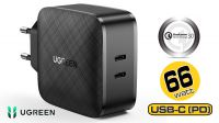 Cargador Ugreen CD216 100-240V 2XTipo C 5-20V PD66W PD2.0, QC3.0 Negro